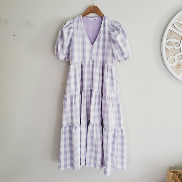 English Factory Gingham Tiered Puff Sleeve Midi Dress Lilac Lined - Picture 8 of 8